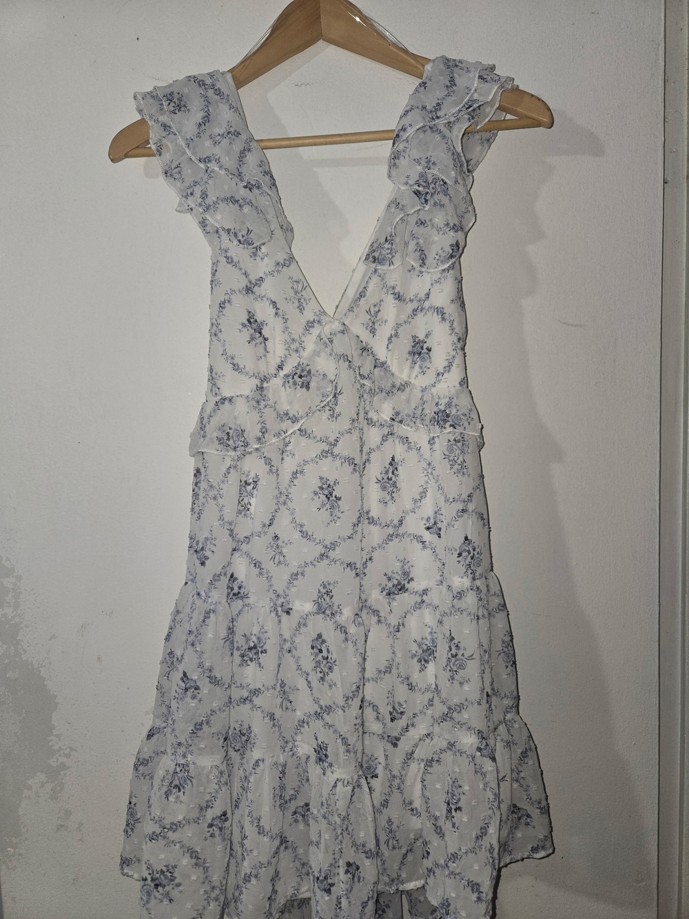 Trixxi White Dress with Light Blue Floral Print and Ruffle Straps